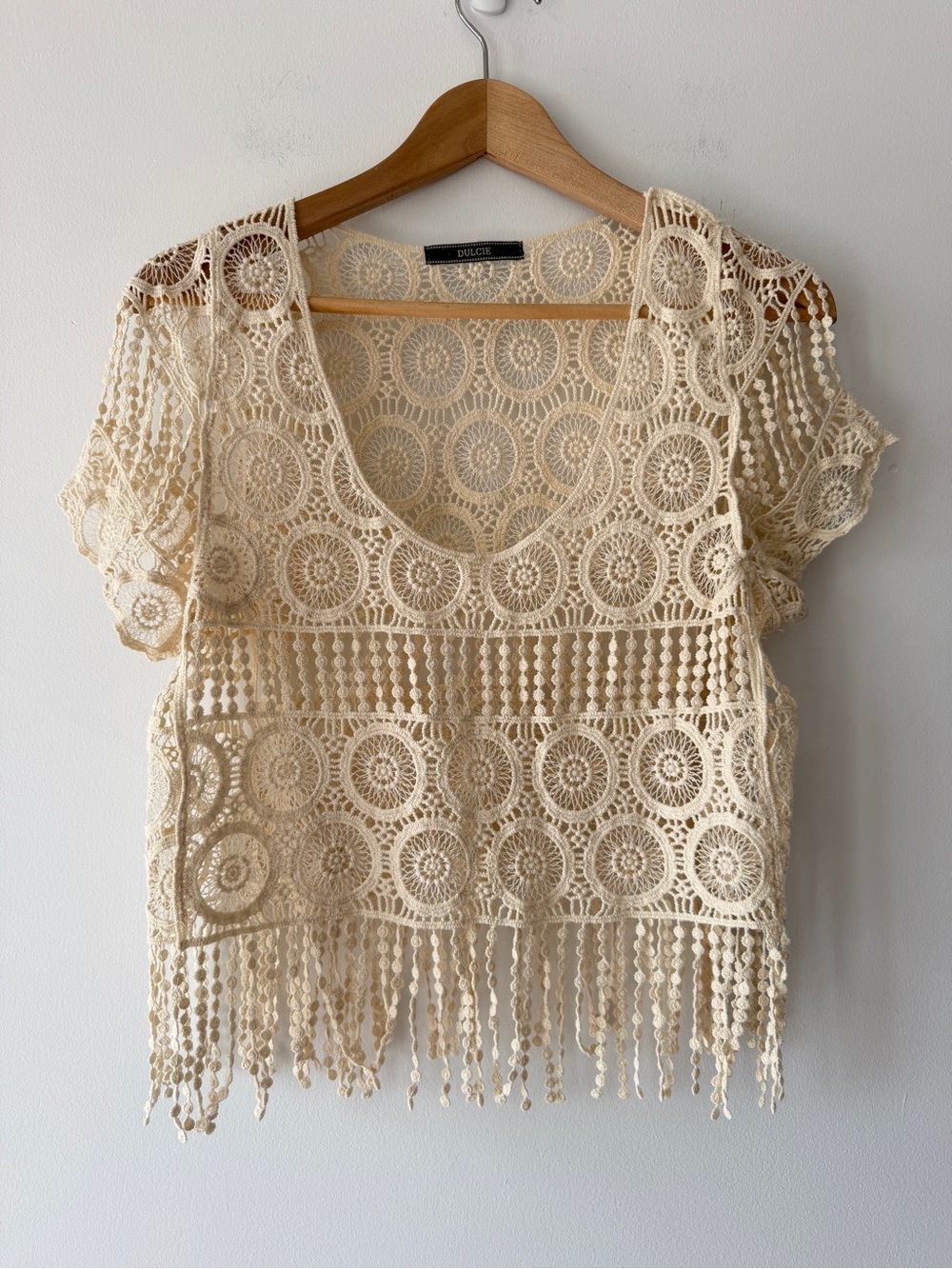 Dulcie Crochet Fringe Short Sleeve Top - Cream small boho festival